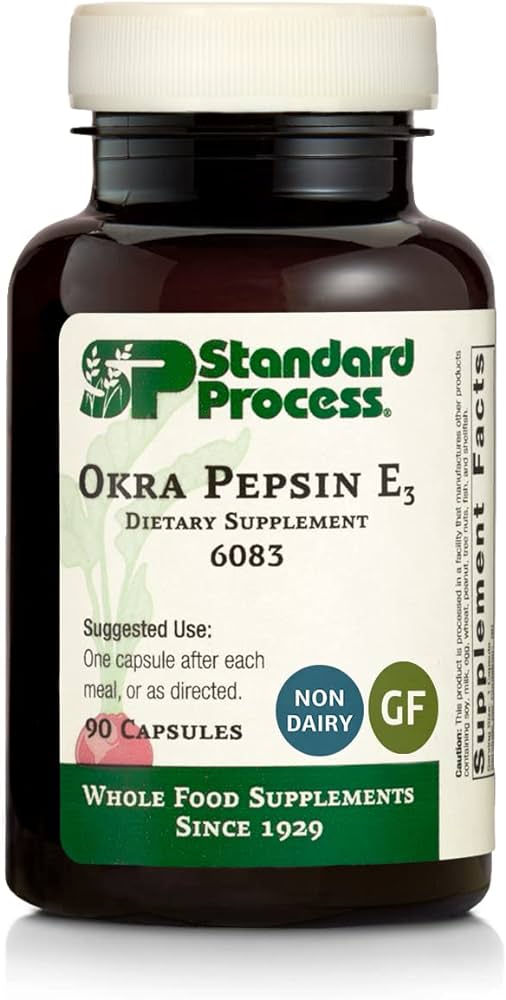 Okra Pepsin E3 dietary supplement bottle 90 capsules Gluten Free Non Dairy