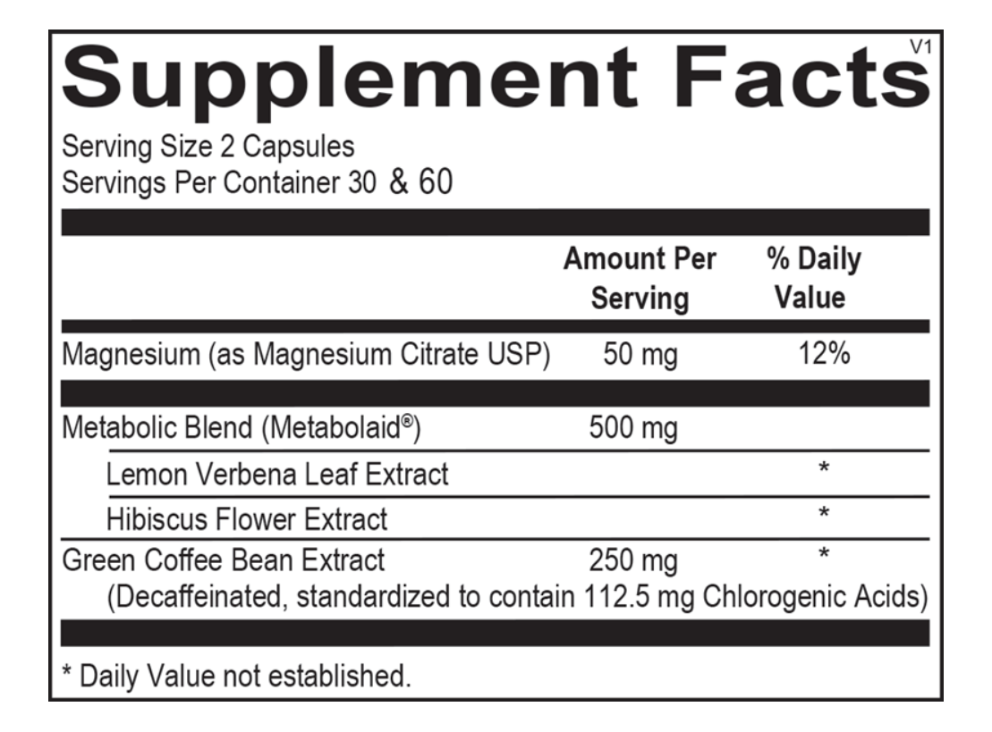 supplement facts label magnesium citrate metabolic blend lemon verbena extract hibiscus extract green coffee bean extract